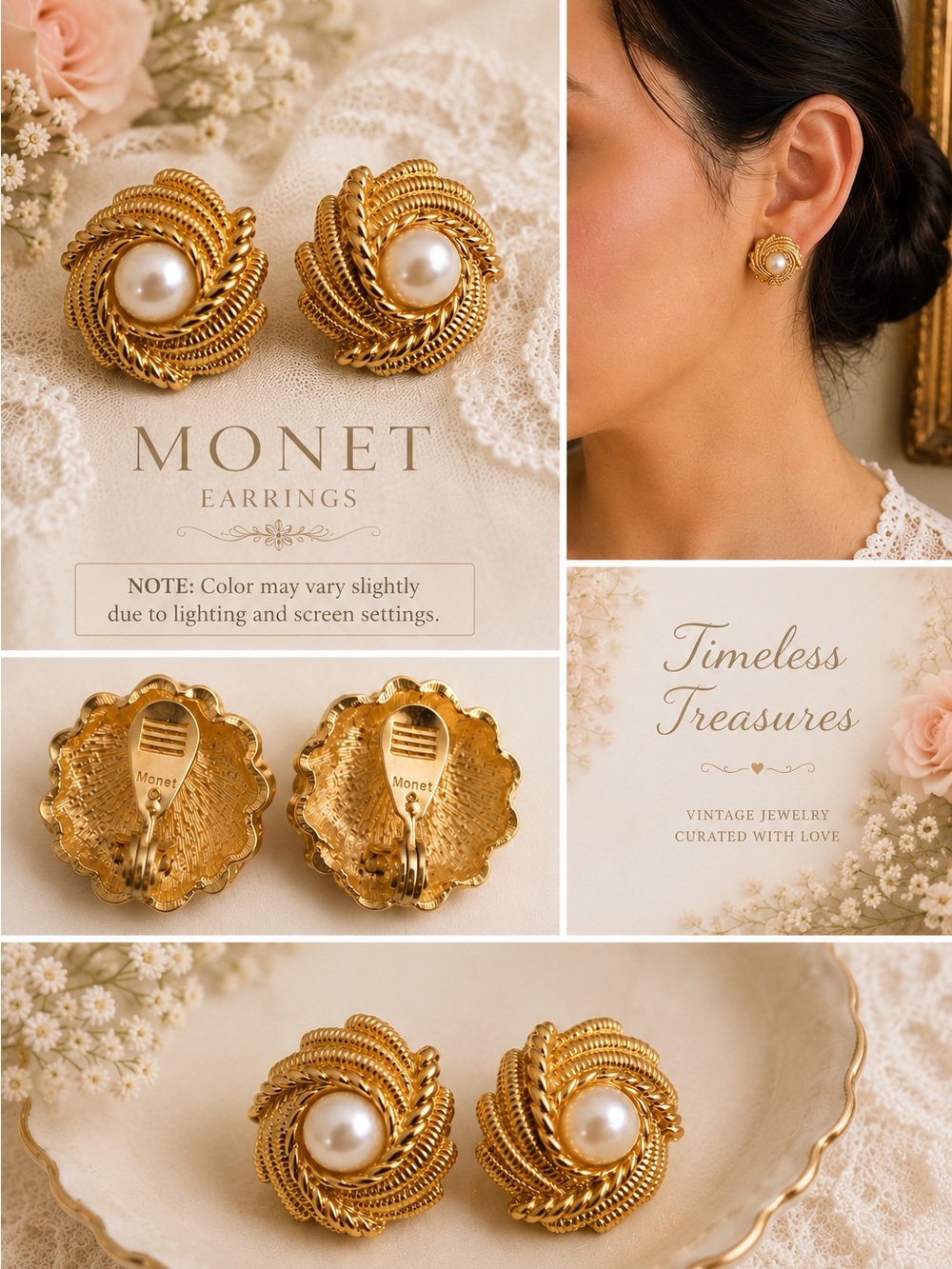 ⁠Vintage Monet Gold Twisted Rope Pearl Clip On Button Earrings Classic